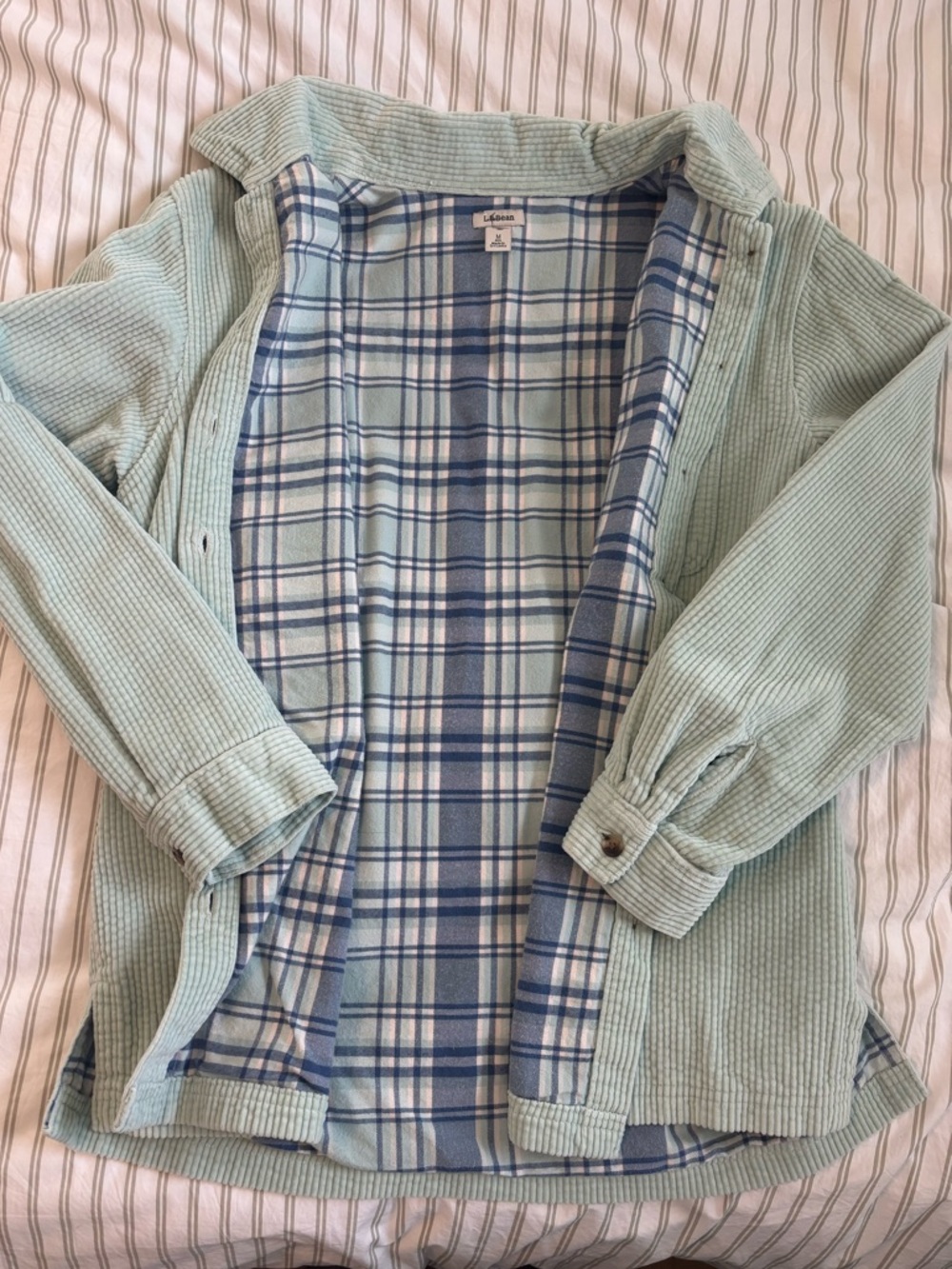 L.L. Bean Mint Green Corduroy Collar Shacket with Blue Plaid Lining